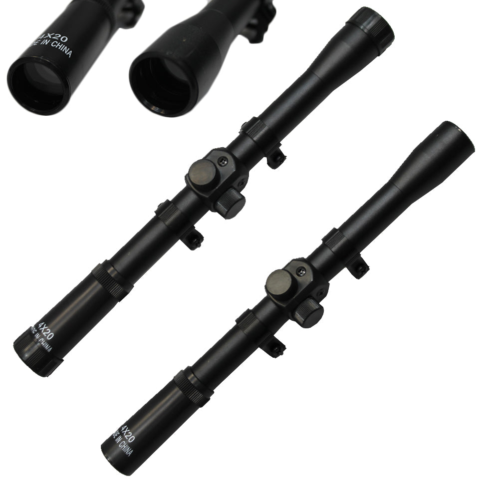 Black 4x20 rifle scope by Rex Distributor, Inc. mounted on a rifle, showing the adjustable eyepiece and focusing ring.
