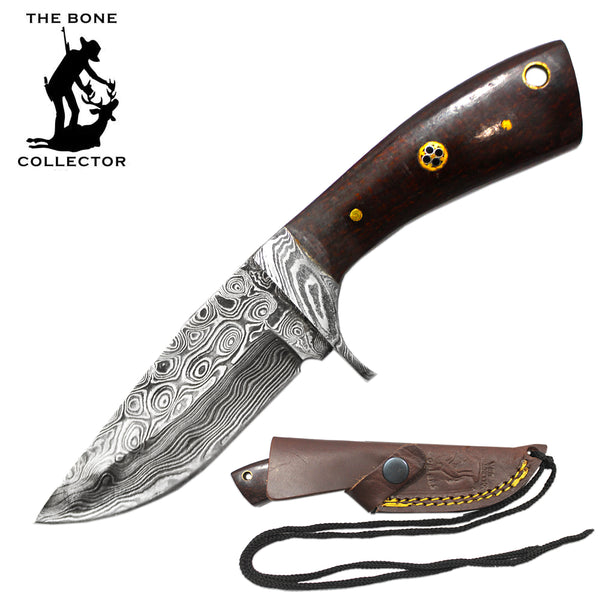 BC 881-DMH 6.5" Damascus Blade Bone Collector Brown Micarta Handle Skinner Knife with Leather Sheath & Rope Lanyard