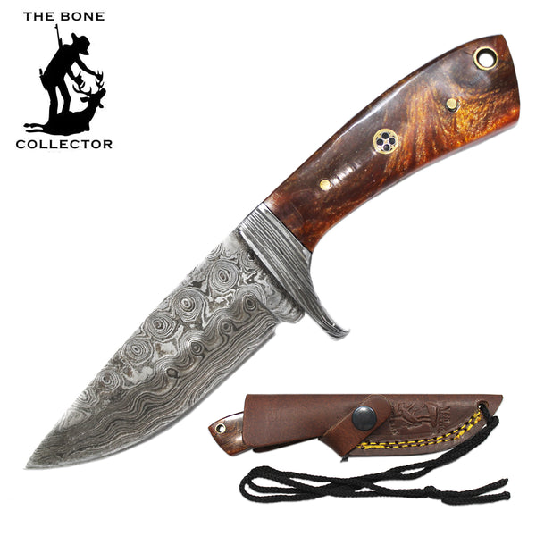 BC 881-DRH 6.5" Damascus Blade Bone Collector Brown Resin Handle Skinner Knife with Leather Sheath & Rope Lanyard