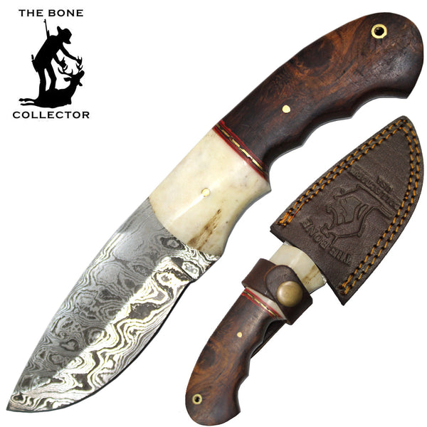 BC HKDB-36 8" Damascus Blade Bone Collector Bovine Bone & Wood Hunting Knife with Leather Sheath