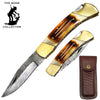 BC PKDB-06 5" Damascus Blade Bone Collector Bovine Bone Lock-back Pocket Knife with Leather Sheath