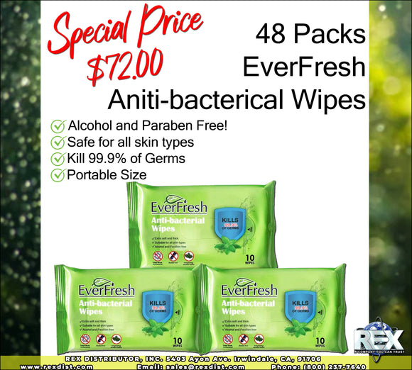 Package Deal#106 48 Packs of EverFresh Anti-Bacterial Wipes