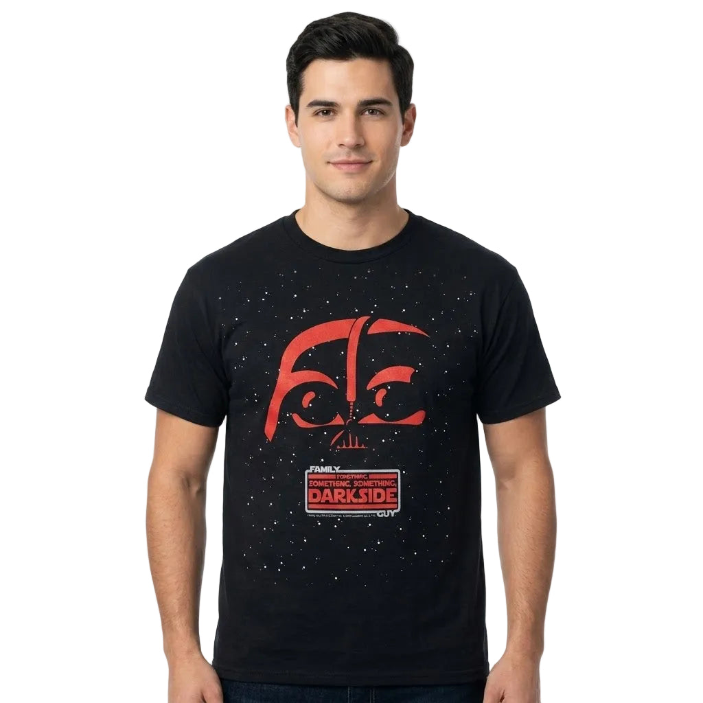 A man wearing a black t-shirt with a red Star Wars: The Force Awakens Darth Vader graphic and a red 'Dark Side' logo on the front, set against a plain white background.