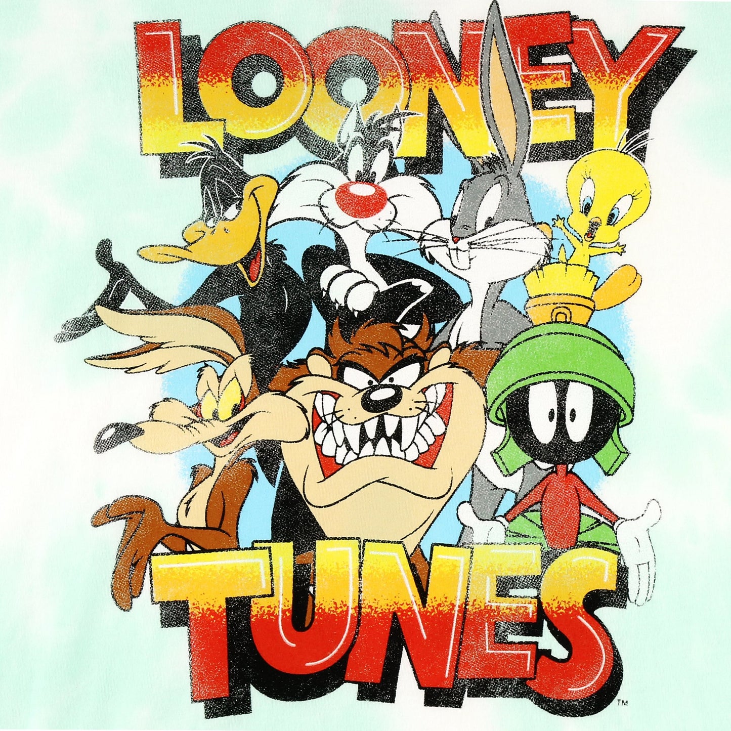 Men's tie dye Looney Tunes sunset graphic T-shirt by Rex Distributor, Inc., featuring colorful cartoon character design on front.