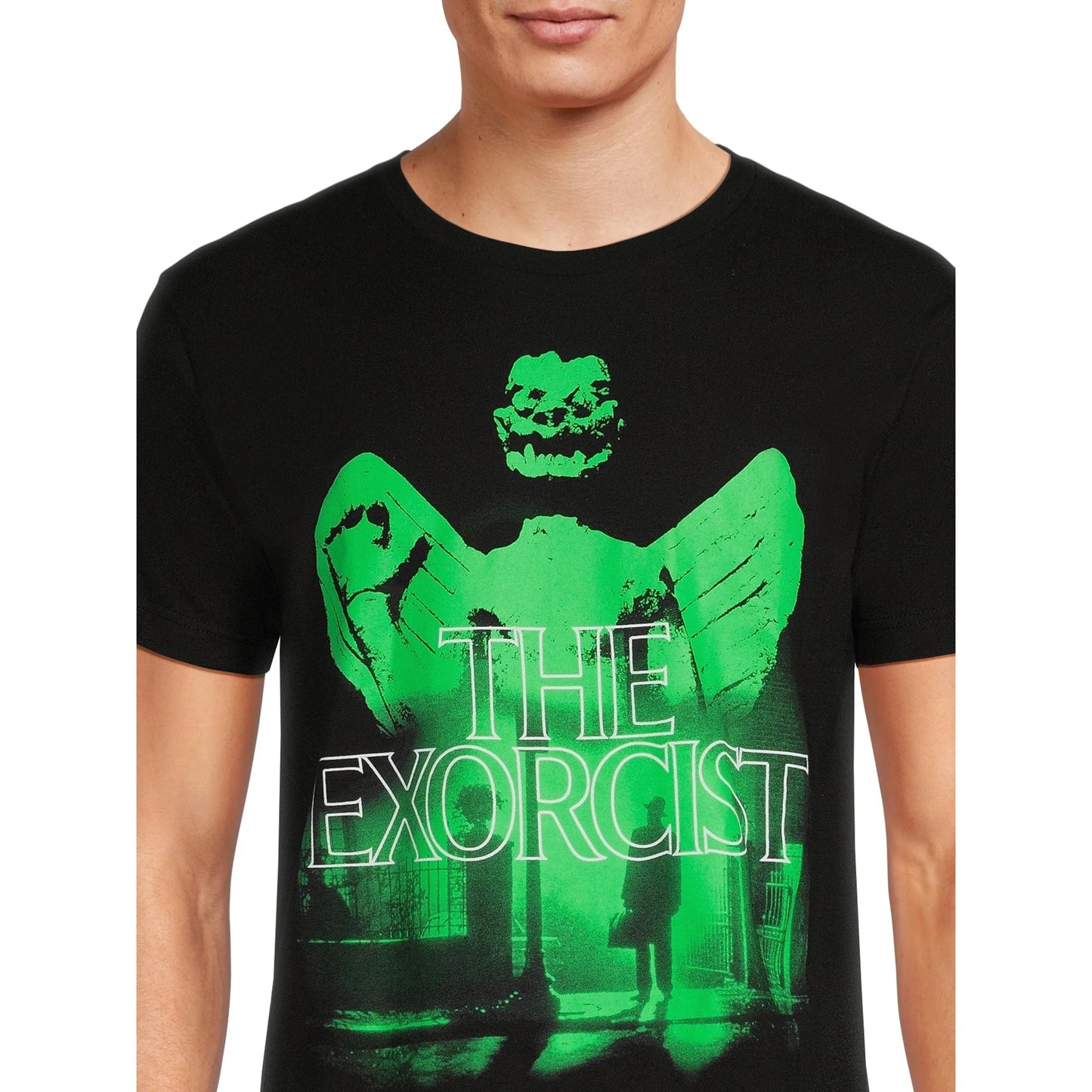Men's black The Exorcist graphic T-shirt from Rex Distributor, Inc. featuring horror-themed artwork and a comfortable fit.