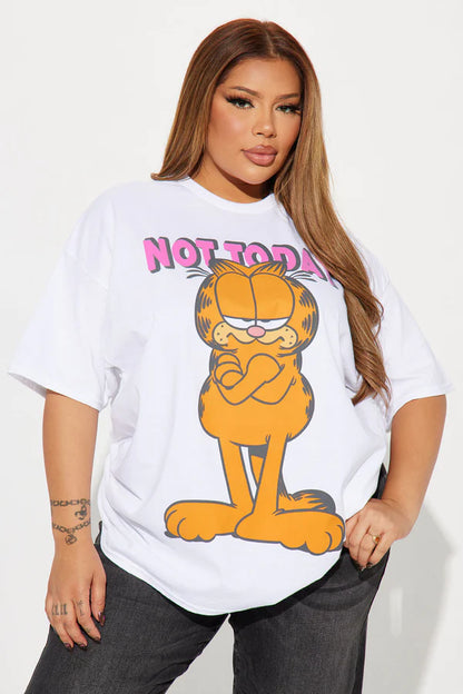 Women’s white junior Garfield graphic T-shirt featuring a Not Today design, from Rex Distributor, Inc.