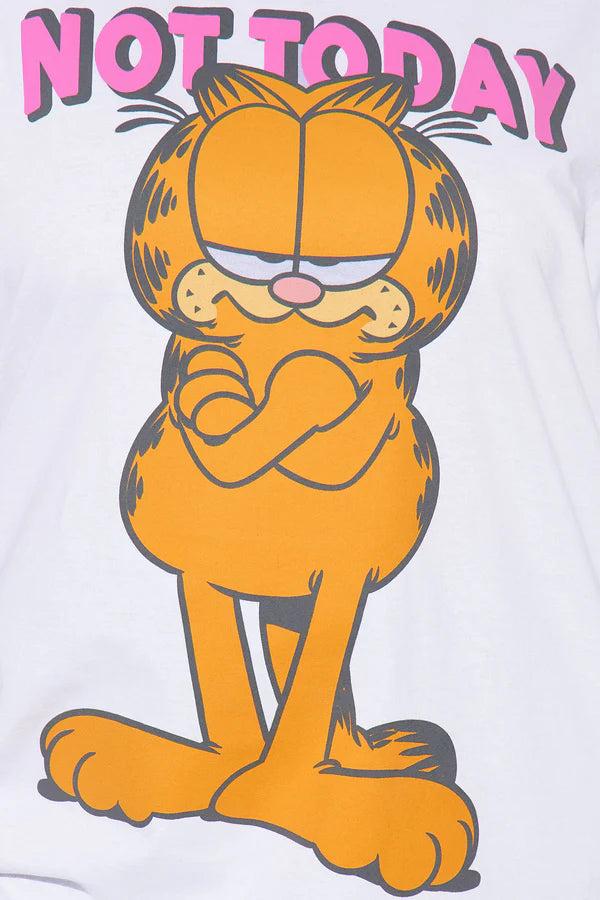 White women's junior's Garfield graphic T-shirt featuring "Not Today" print, made by Rex Distributor, Inc.