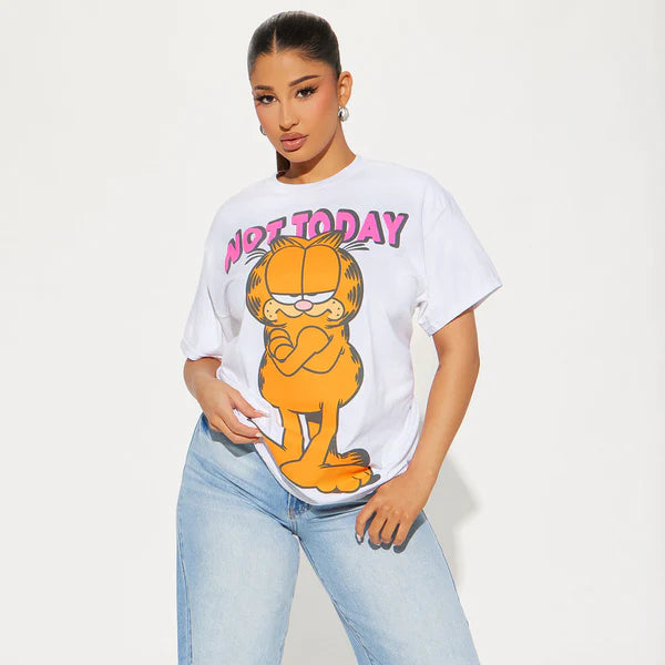Women’s white Junior’s Garfield graphic T-shirt by Rex Distributor, Inc. featuring a playful Garfield illustration on the front.