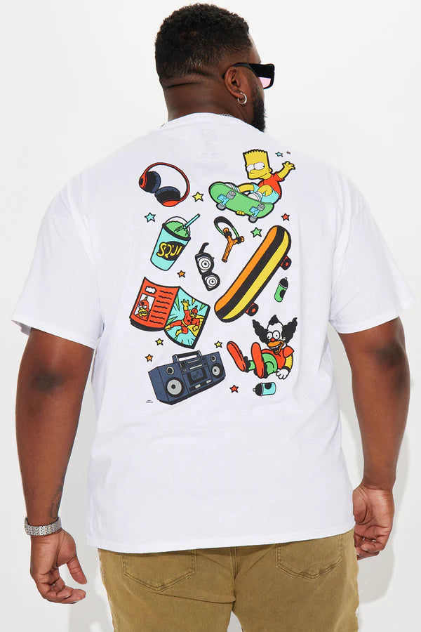 Men's The Simpsons Icons graphic T-shirt by Rex Distributor, Inc., featuring colorful double-sided Simpsons character designs on white fabric.