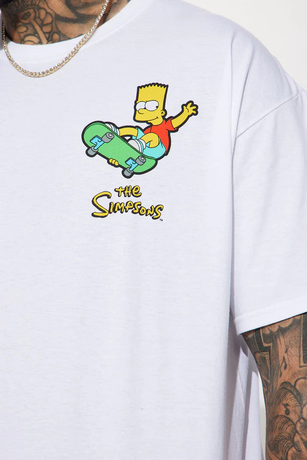 Men's white graphic T-shirt featuring The Simpsons icons on both sides, by Rex Distributor, Inc.