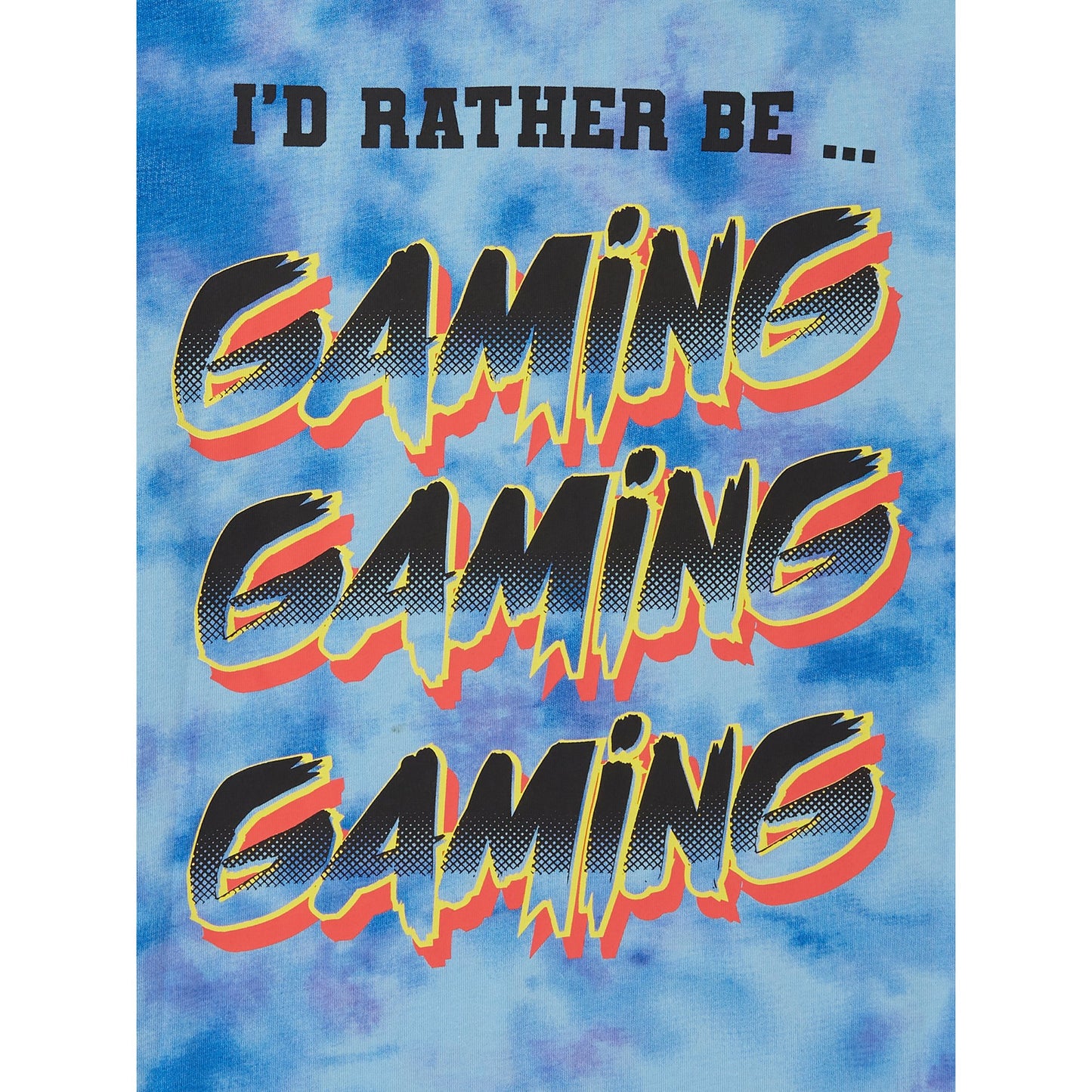 Text 'I'd Rather Be Gaming' on a tie-dye background with colorful text.