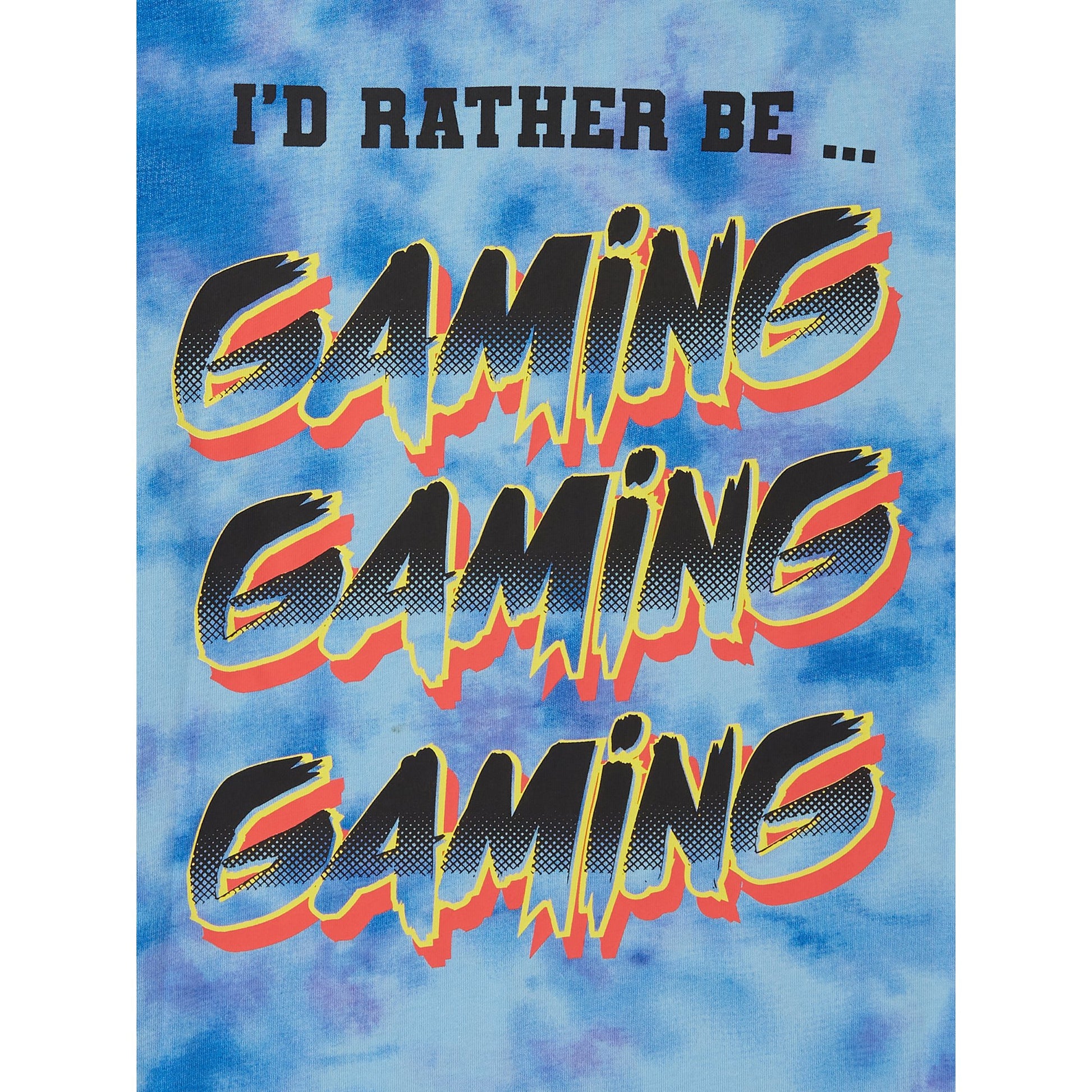 Text 'I'd Rather Be Gaming' on a tie-dye background with colorful text.