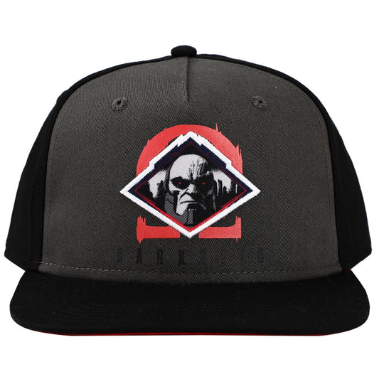 Black and gray cap with a graphic design on a white background