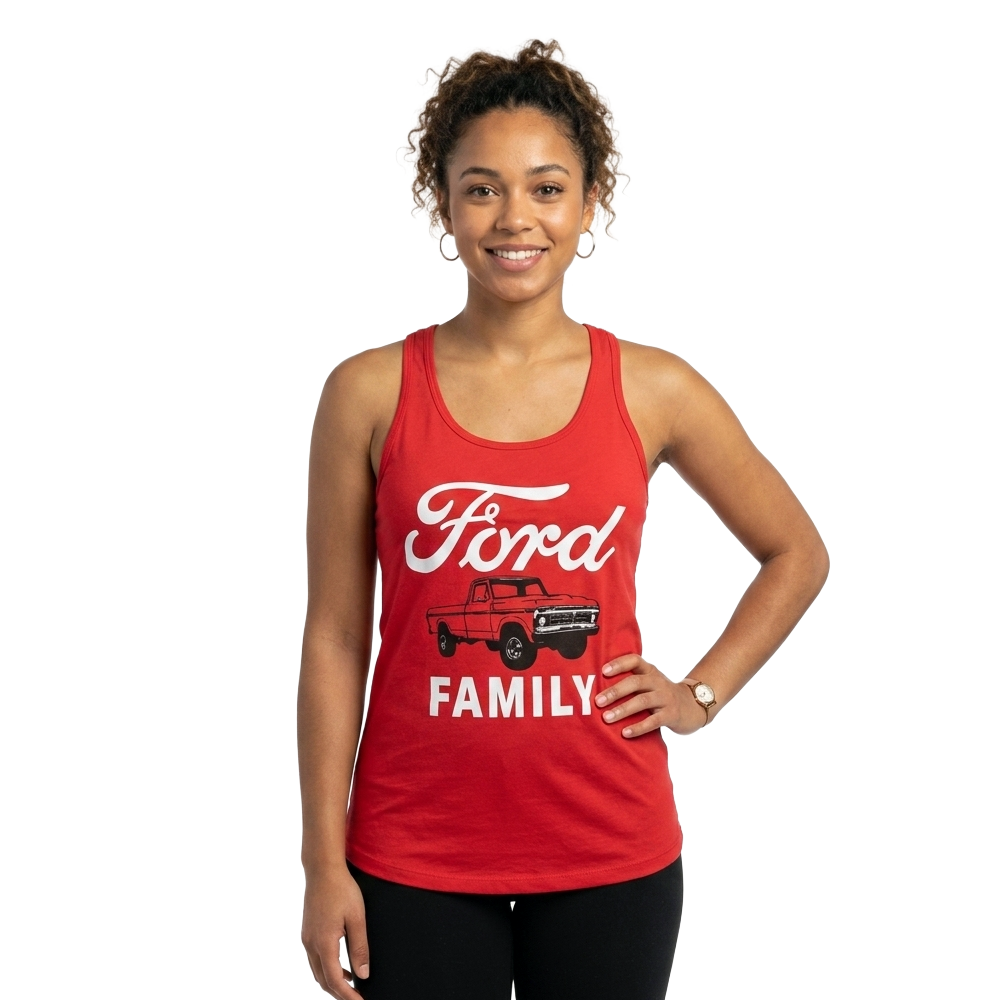 Women’s red Ford Family graphic tank top by Mad Engine, featuring Ford logo and family design on front.