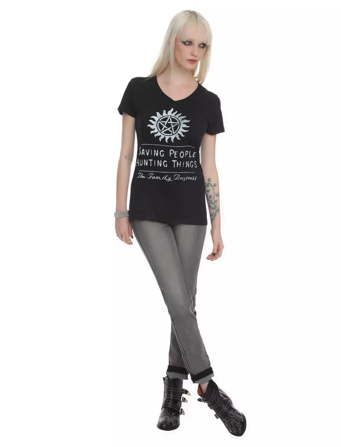 Women Junior's Supernatural Family Business V-Neck T-Shirt Tee