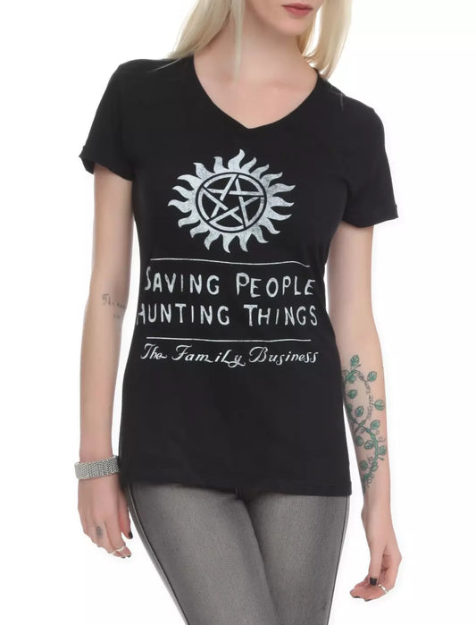 Women Junior's Supernatural Family Business V-Neck T-Shirt Tee