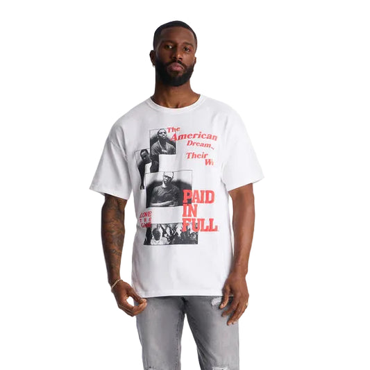 Men's white foil print short sleeve T-shirt by Mad Engine, featuring bold design on front, casual men's shirts.