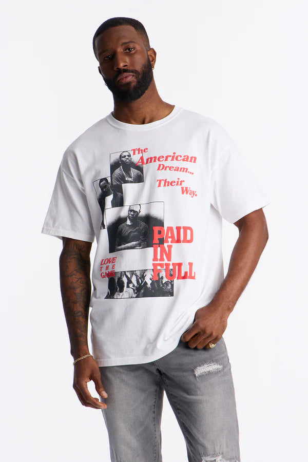 Men's white Paid In Full foil print short sleeve T-shirt by Mad Engine, featuring a bold metallic graphic on the front.