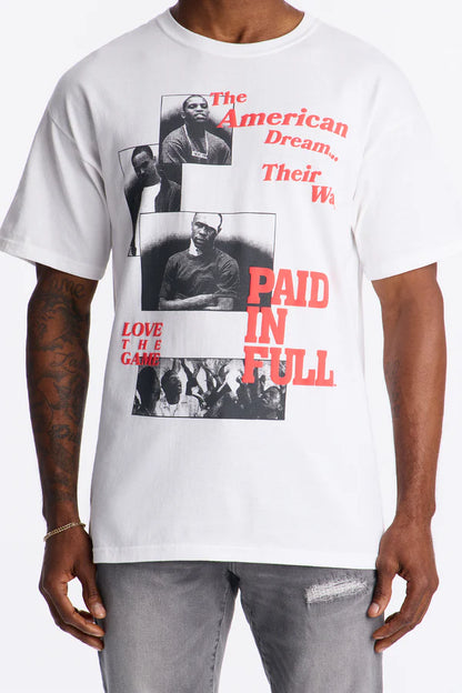 Men's white Paid In Full foil print short sleeve T-shirt by Mad Engine, featuring a stylish graphic design on the front.
