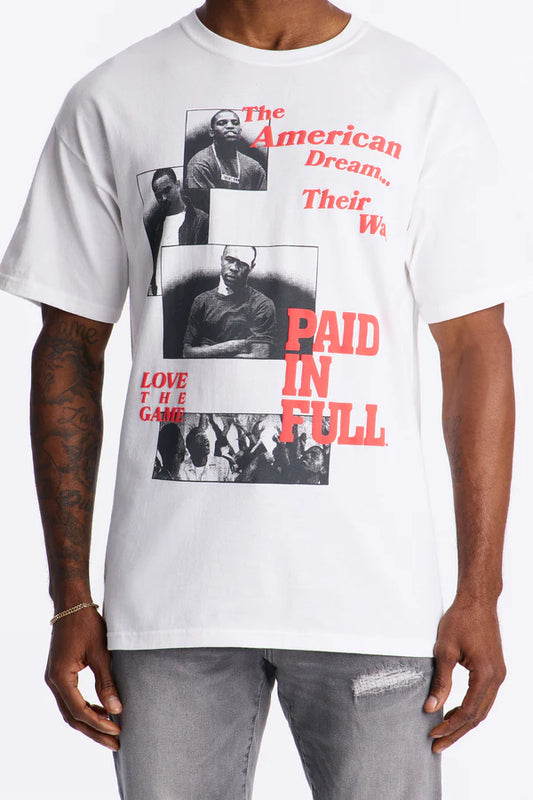 Men's white Paid In Full foil print short sleeve T-shirt by Mad Engine, featuring a stylish graphic design on the front.