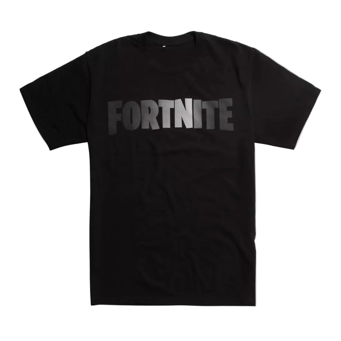 A black short-sleeve t-shirt with the word 'FORTNITE' printed across the chest in a faded gray block font, displayed against a light gray background.