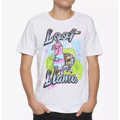 A young man wearing a white graphic t-shirt with a colorful 'Loot Llama' design, set against a plain light gray background. 