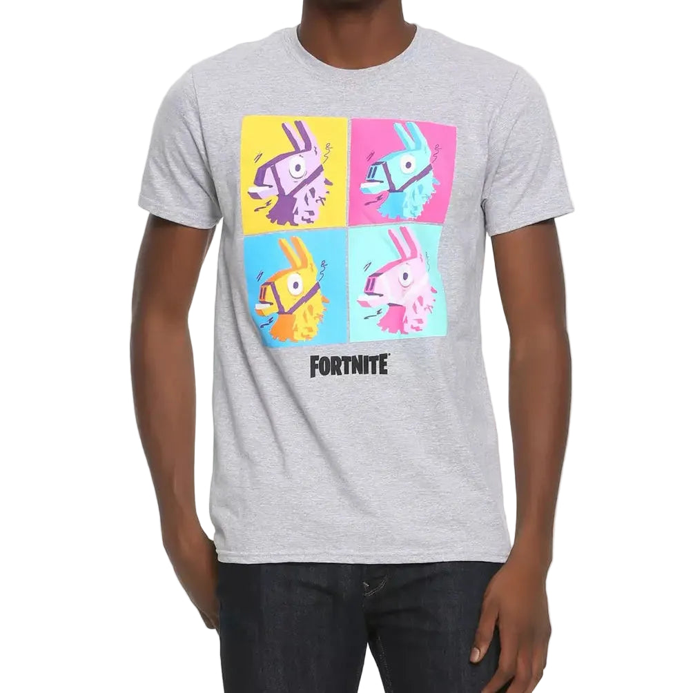 Men's Grey Fortnite Llama Neon Grid Graphic Tee T-Shirt