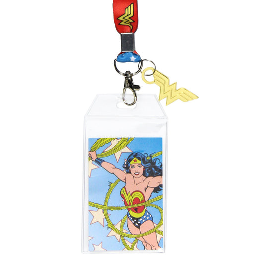 Wonder Woman lanyard with rubber charm featuring DC Comics superhero, made by Bioworld, perfect for accessories and collectibles.