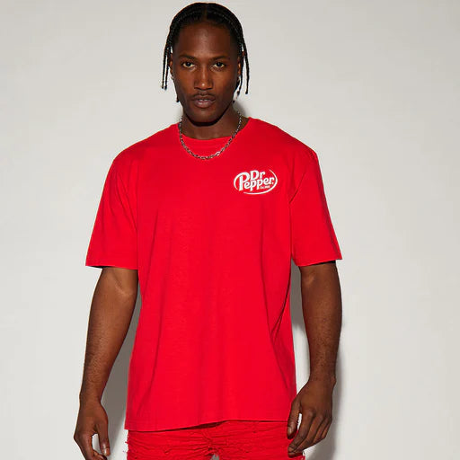 Men's red Dr. Pepper Be A Pepper short sleeve T-shirt by Bioworld, featuring a casual fit and classic logo design.