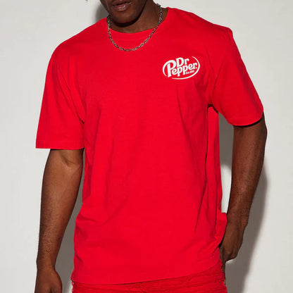 Men's red Dr. Pepper Be A Pepper short sleeve T-shirt by Bioworld, featuring graphic print, casual fit, and comfortable fabric.
