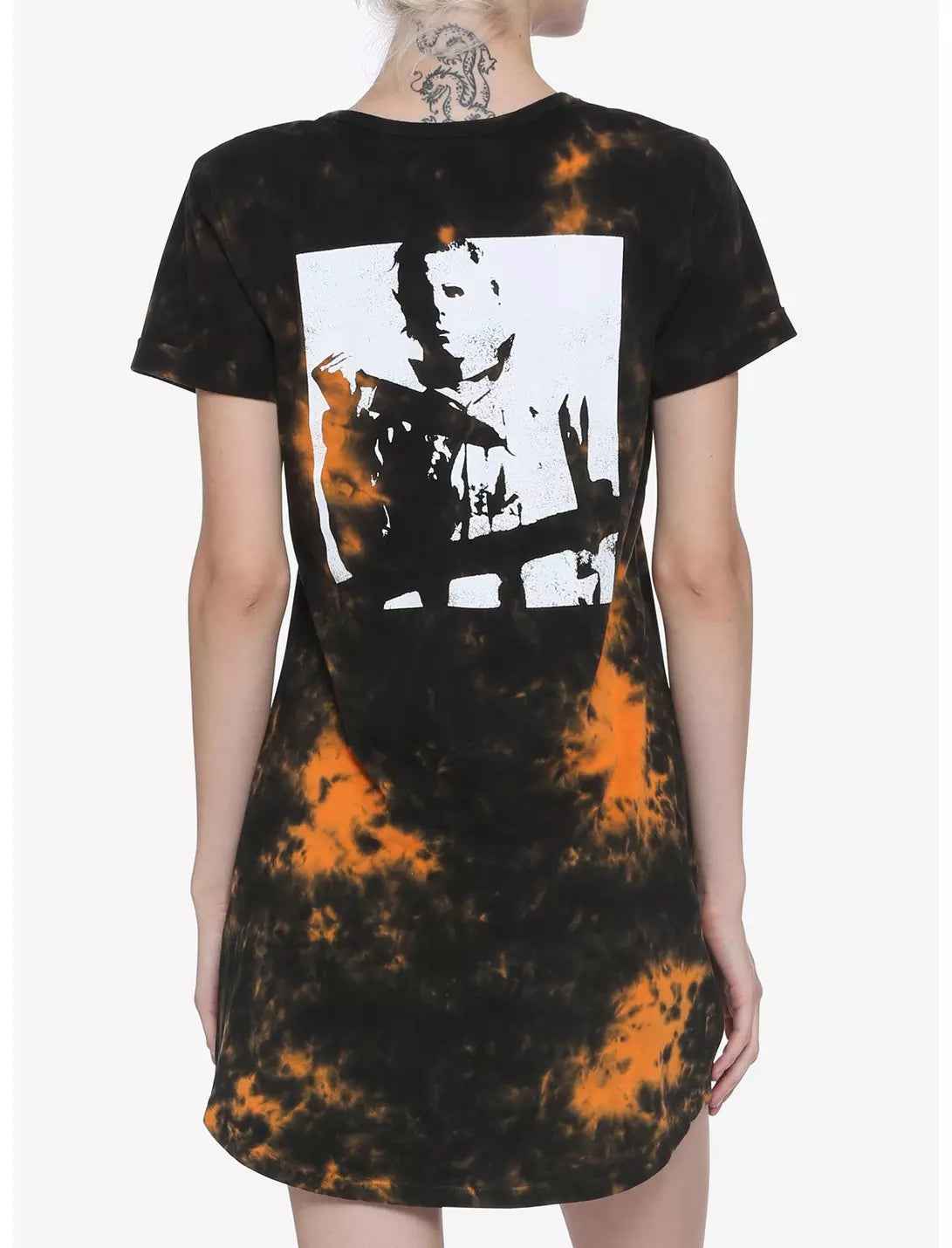 Michael Myers Halloween tie-dye dress by Bioworld featuring a spooky graphic design, perfect for fans of horror and horror-themed fashion.