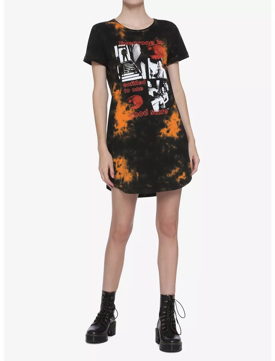 Michael Myers Halloween tie-dye T-shirt dress by Bioworld featuring a spooky graphic and casual fit, perfect for Halloween costumes.