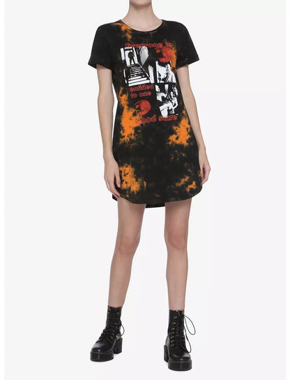 Michael Myers Halloween tie-dye T-shirt dress by Bioworld featuring a spooky graphic and casual fit, perfect for Halloween costumes.