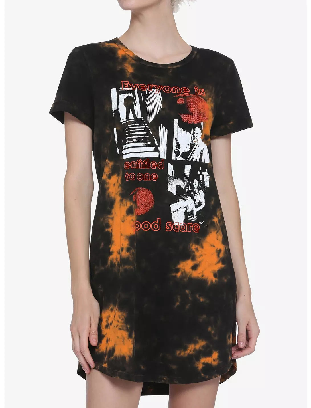 Michael Myers Halloween tie-dye T-shirt dress by Bioworld featuring spooky graphic print and casual, comfortable fit.