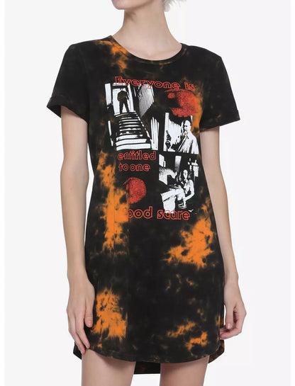 Michael Myers Halloween tie-dye T-shirt dress by Bioworld featuring spooky graphic print and casual, comfortable fit.