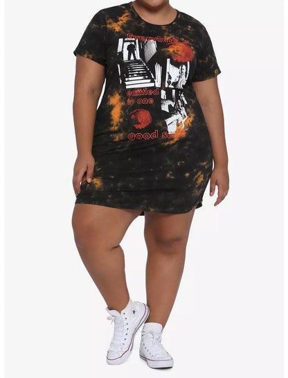 Michael Myers Halloween tie-dye T-shirt dress by Bioworld, featuring spooky graphic print and casual short-sleeve design.