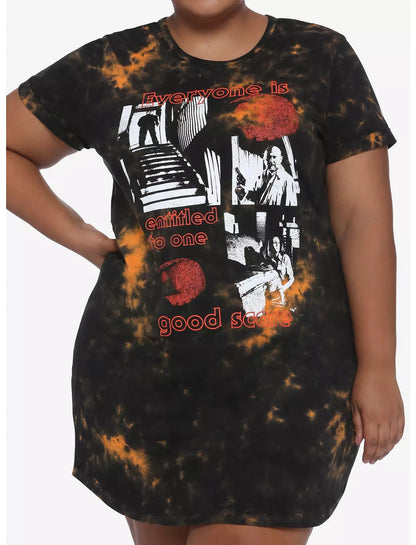 Michael Myers Halloween tie-dye T-shirt dress by Bioworld featuring spooky graphic print and casual fit for fans of horror fashion.