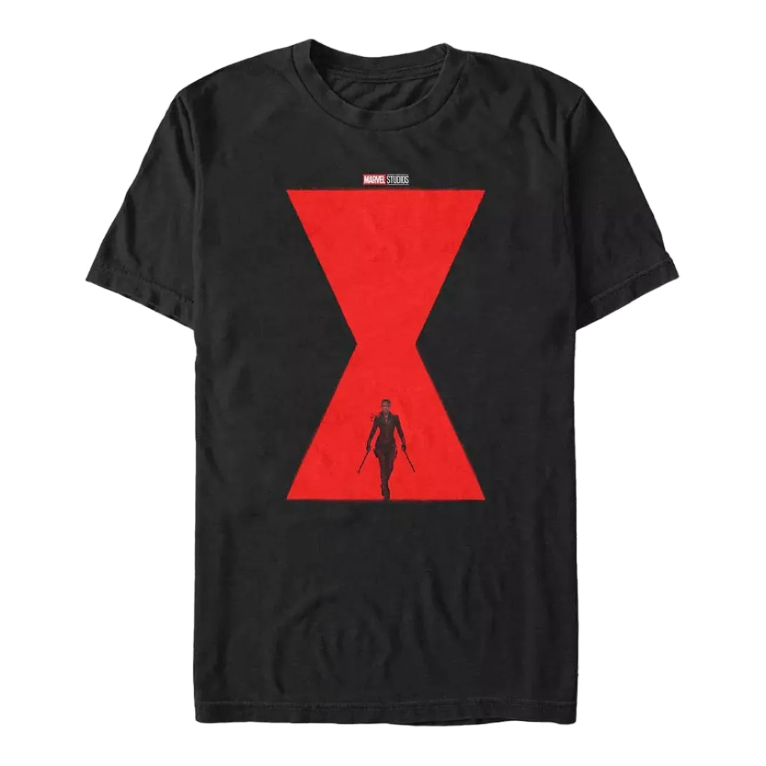 A black short-sleeve crewneck t-shirt featuring a red hourglass graphic on the front with a small Marvel logo at the top and a black silhouette of a woman walking inside the hourglass.