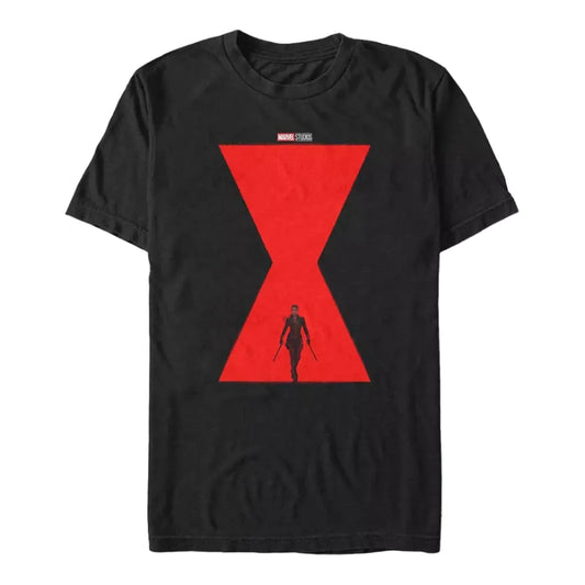 A black short-sleeve crewneck t-shirt featuring a red hourglass graphic on the front with a small Marvel logo at the top and a black silhouette of a woman walking inside the hourglass.