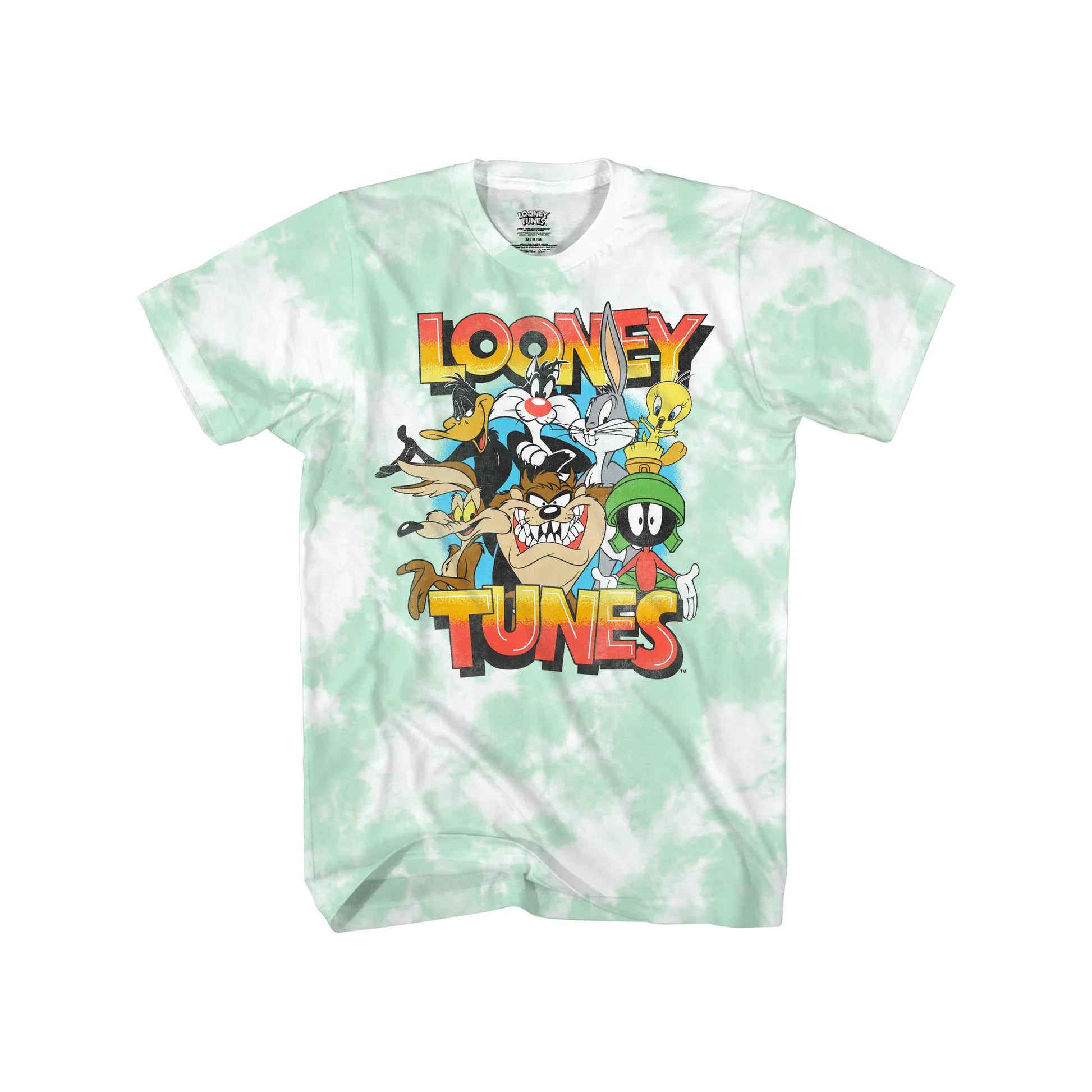 Men's Tie Dye Looney Tunes Sunset Graphic T-Shirt featuring colorful sunset and Looney Tunes characters, from Rex Distributor, Inc.