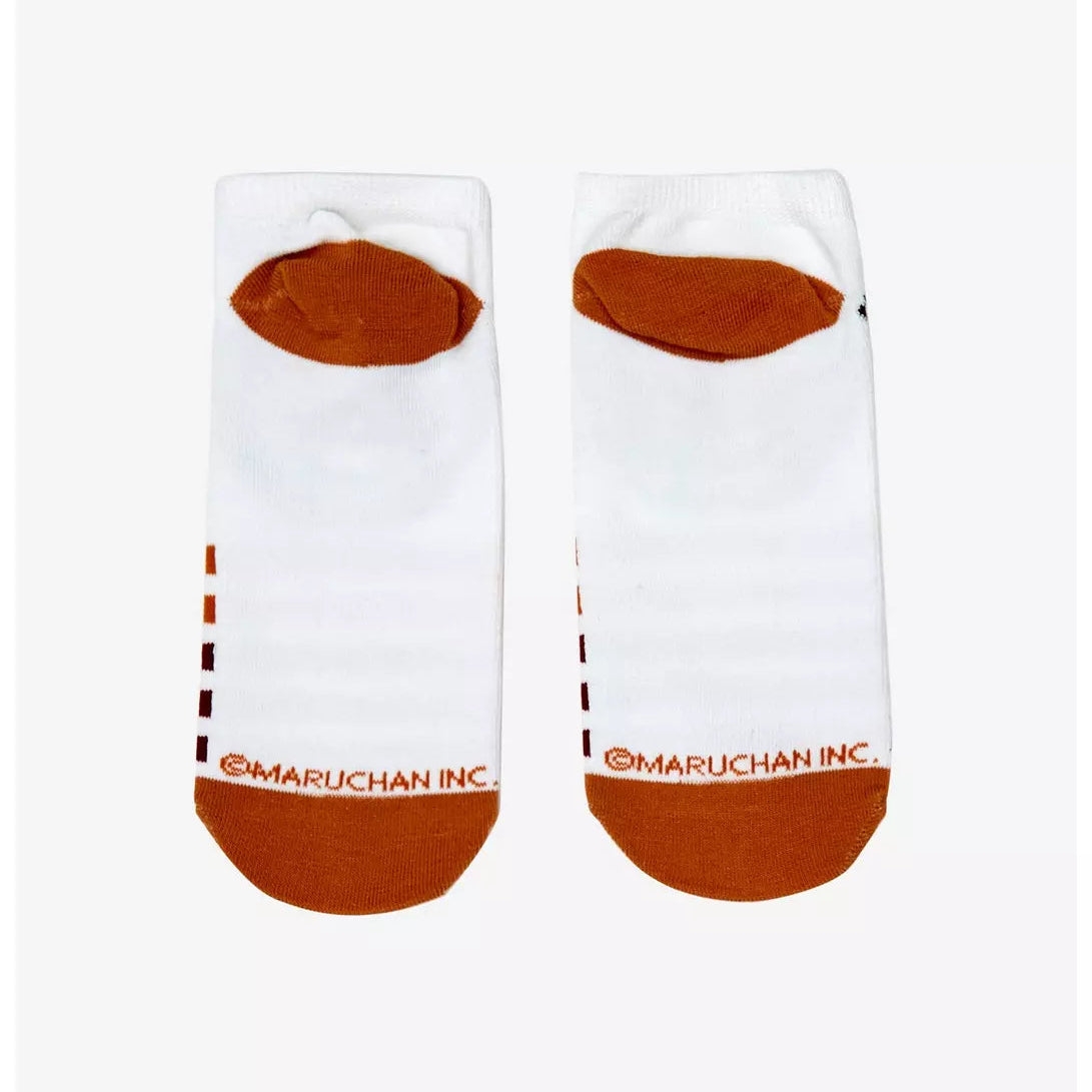 Pair of Maruchan Ramen Chibi Stripe no-show socks by Bioworld featuring colorful ramen bowl and stripe design on soft fabric