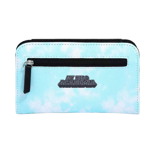 Light blue wallet with black zipper and 'My Hero Academia' logo on a white background 