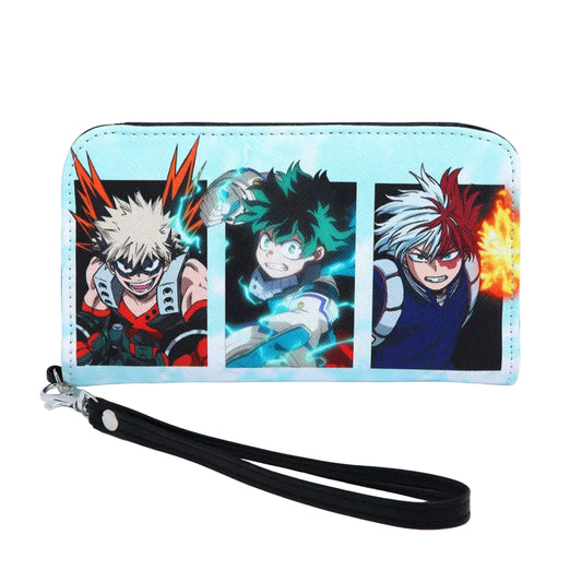 Wristlet with anime character designs on a light blue background