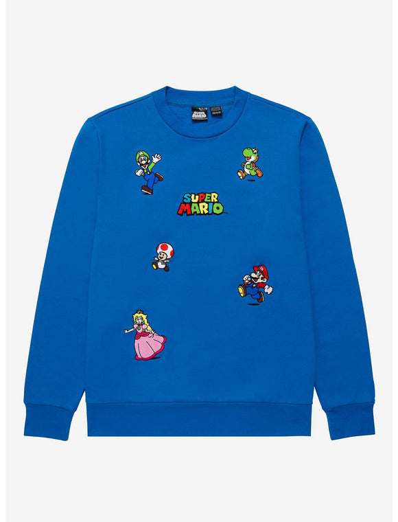 Men's Blue Super Mario Bros. Characters Embroidered Crewneck