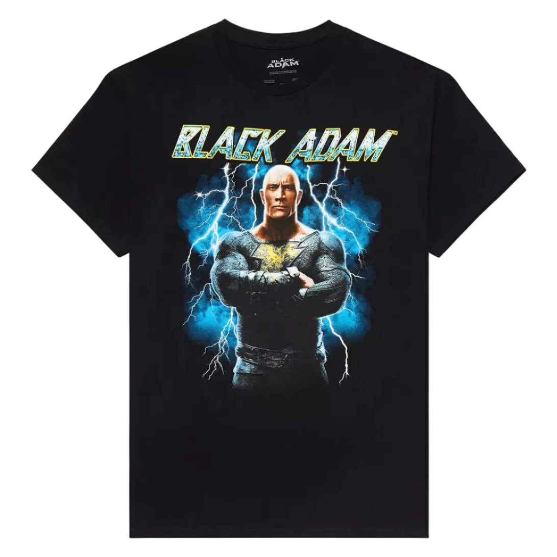 A black short-sleeve graphic t-shirt featuring a stylized print of Black Adam with blue lightning effects and the text 'BLACK ADAM' across the chest, displayed on a light gray background.