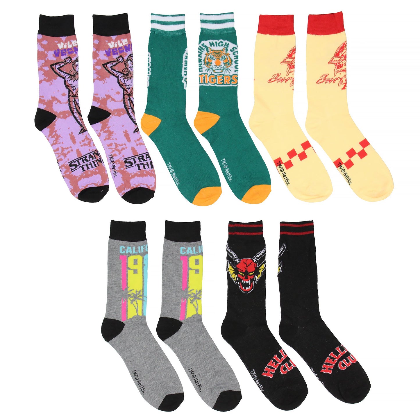 Stranger Things Crew Socks 5 Pairs, Hellfire Club Surfer Boy Pizza Vecna Hawkins High School Mid-Calf Crew Socks For Men Women 5 Pack