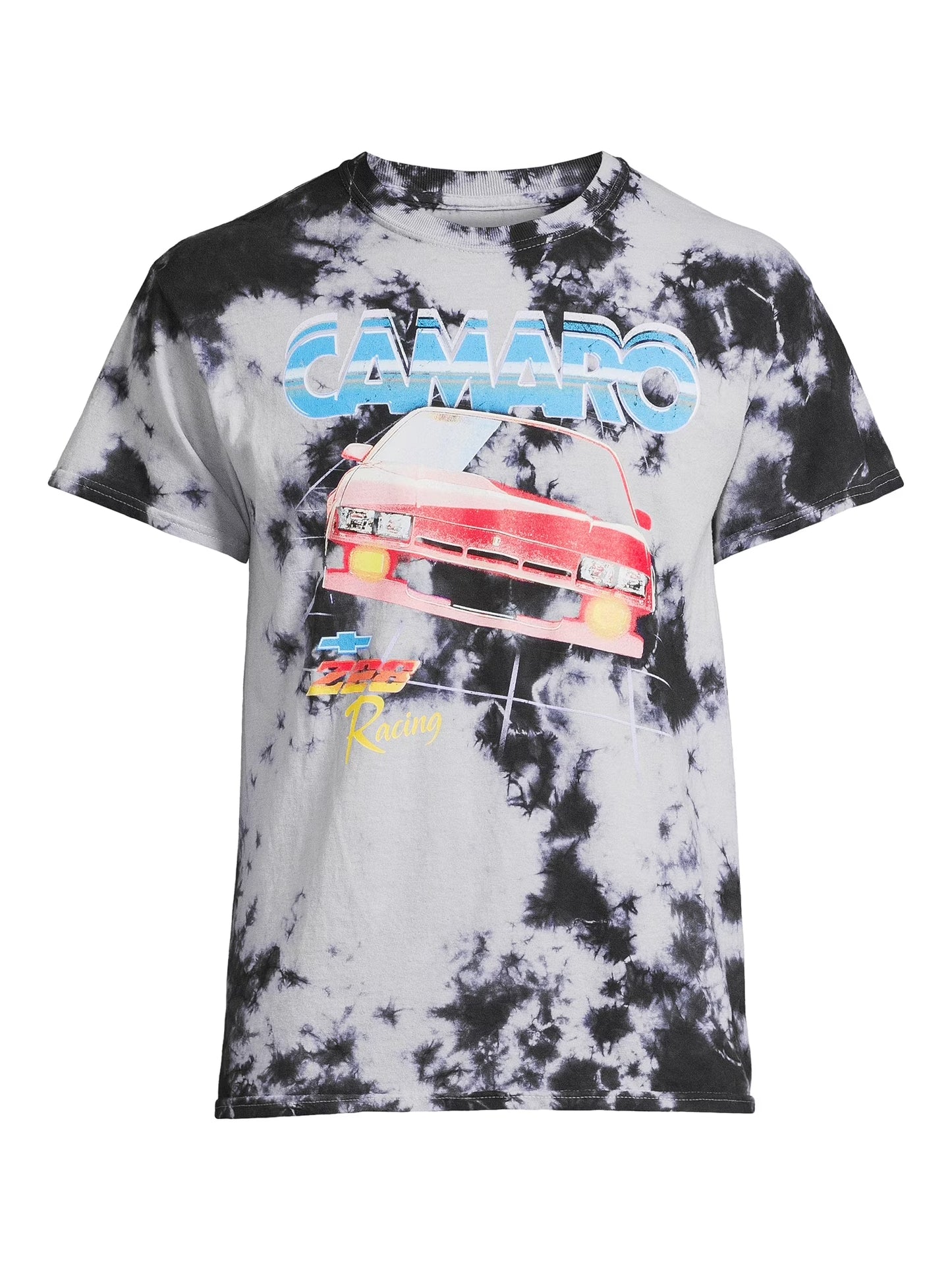 Men's tie-dye GM Chevrolet Camaro Z28 graphic T-shirt by Mad Engine, featuring bold Camaro Z28 design on a colorful tie-dye shirt.