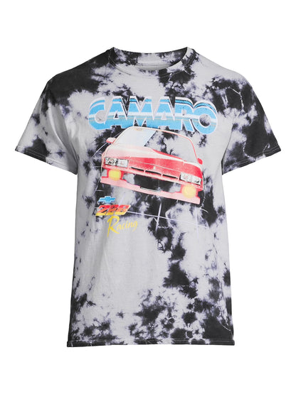 Men's tie-dye GM Chevrolet Camaro Z28 graphic T-shirt by Mad Engine, featuring bold Camaro Z28 design on a colorful tie-dye shirt.
