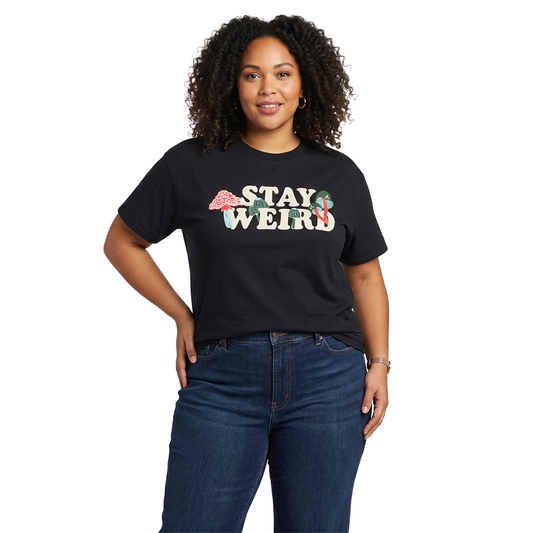 Plus size women's Mushroom graphic T-shirt by Bioworld featuring a colorful stay weird design on the front.