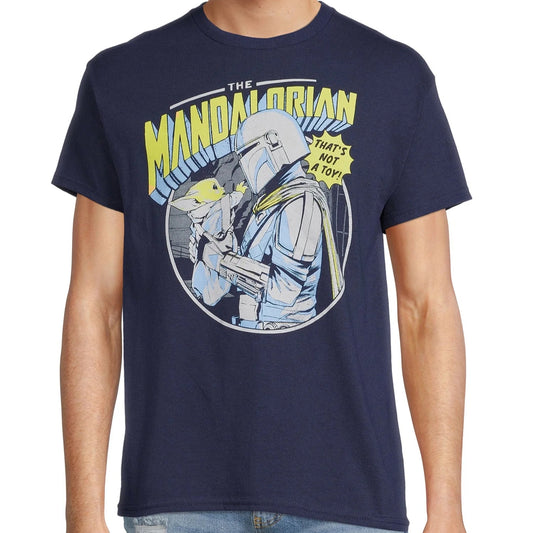 Navy blue t-shirt with 'The Mandalorian' graphic design worn by a person.